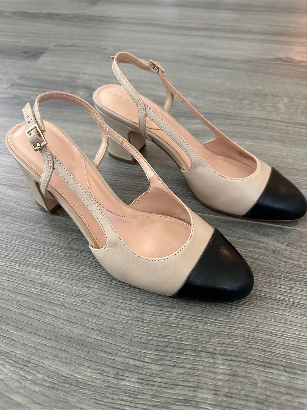 Two-Tone Slingback Block Heel Pumps - Beige and Black
